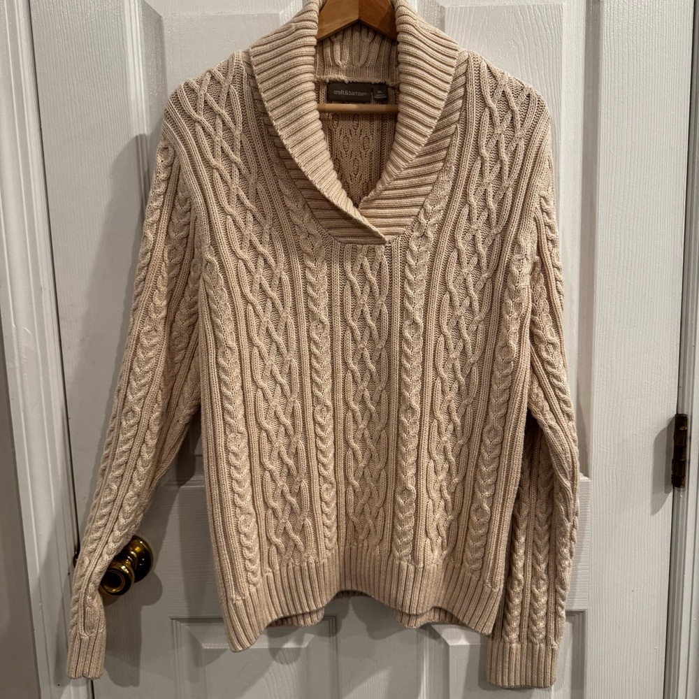Cable Knit Shawl Collar Sweater XL 100% Cotton Beige Chunky Fisherman Knit